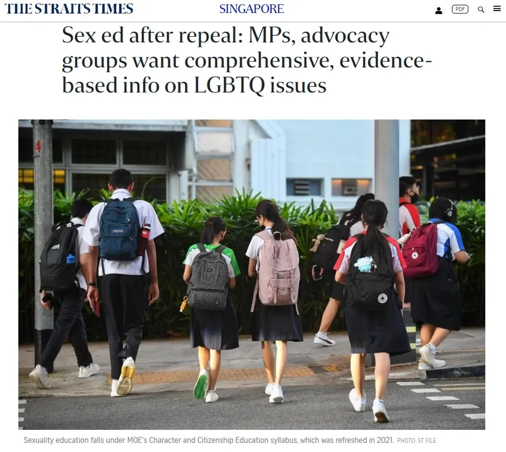 Straits Times reports “Sex-ed after repeal: MPs, advocacy groups want to include LGBTQ issues”